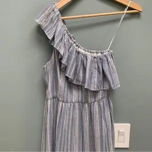 LoveShackFancy Pamela Midi Dress Asymmetrical One Shoulder Blue M thumbnail 4
