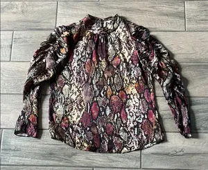 Rebecca Taylor Ruffled Red and Cream Blouse with Mandarin Collar thumbnail 1