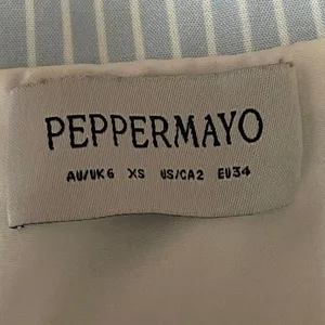Peppermayo Blue Stripe Short Puff Sleeve Ruffle Crop Button Up Shirt Top Size XS thumbnail 4