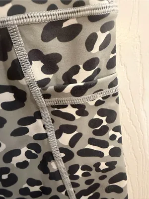 Grey Leopard Print High-Waisted Athletic Biker Shorts with Pockets thumbnail 3