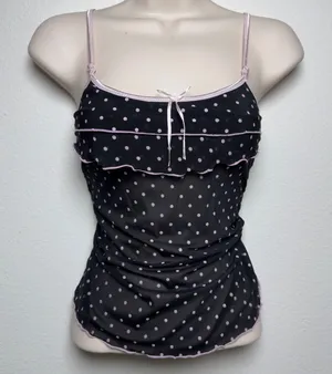 Women Baby Cami Top Small Black Pink Polka Dot Mesh Ruffle Trim Bow Y2K Indie thumbnail 1