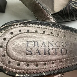Franco Sarto Womens 6M Black Silver Metallic Embossed Ankle Strap Peep Toe Heels thumbnail 9