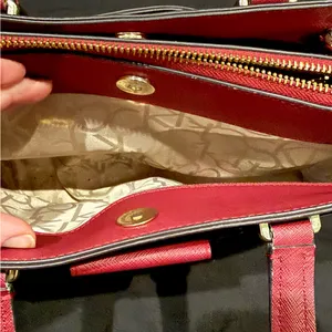 Calvin Klein Monogram Satchel in Brown and Red with gold accents thumbnail 6