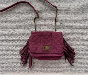 Art Class Burgundy Quilted Faux Suede Fringe Mini Bag Purse Crossbody thumbnail 1
