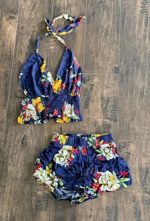 SheIn Navy Floral Halter and Shorts Set thumbnail 1