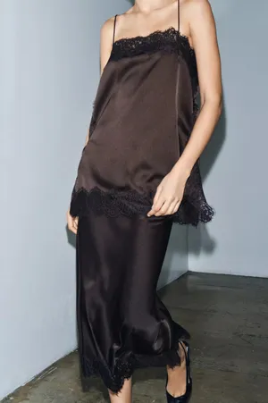Zara satin Lace-Trim Slip Dress Top in Deep Brown thumbnail 8