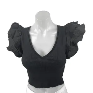 Zara Black Rib Knit Short Flutter Ruffle Sleeve V-Neck Slim Crop Blouse Top S thumbnail 1