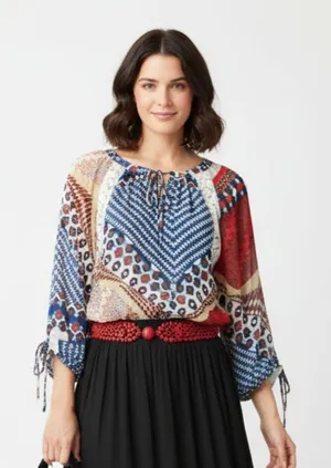 Anthropologie Multi Print Boho Peasant 3/4 Length Sleeve Top By Fig & Flower L thumbnail 1