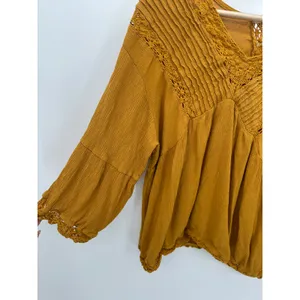 Adiva Top Women XL Mustard Yellow Boho Babydoll Casual Lagenlook‎ Embroidered thumbnail 3
