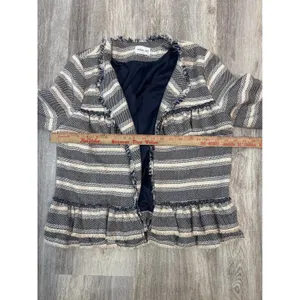 Sugarlips Striped Tweed Ruffle Jacket Navy Cream Frayed Edge Womens Size‎ Medium thumbnail 5