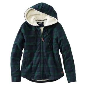 LL Bean Scotch Plaid Flannel Shirt Sherpa Lined Zip Hoodie Jacket Blue Green S thumbnail 1