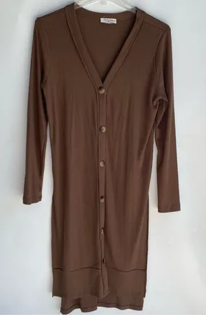 Zenana brown ribbed knit v-neck duster cardigan sweater fall transition M thumbnail 1