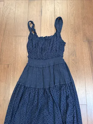 Elie Tahari Eyelet Smocked Midi Dress Navy Medium NWT thumbnail 2