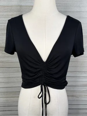 AMBIANCE Ruched Tie Front V Neck Crop Top Black-Large thumbnail 1