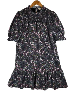 Celina Moon Floral Smocked Mock Neck Puff Sleeve Babydoll Mini Dress Medium thumbnail 1