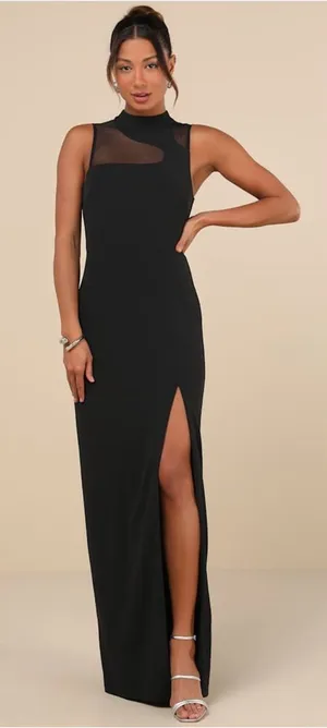 Lulus Irresistibly Modern Black Mesh Mock Neck Maxi Dress thumbnail 1