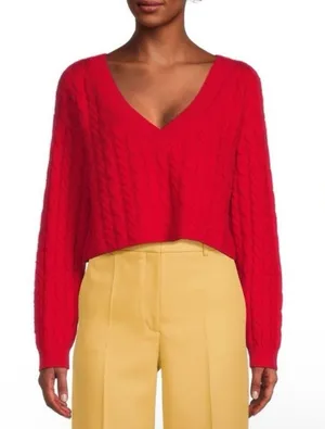 Alice + Olivia XS Ayden Crop Wool Cashmere Sweater‎ Cable Knit Red Valentines thumbnail 1
