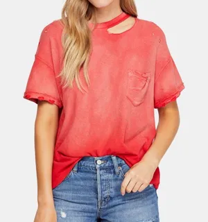 Free People Red Distressed Tshirt  thumbnail 1