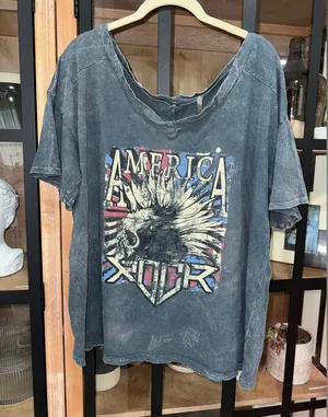Hot Topic Akira america rock graphic tee wide v boat neck acid wash faded Tshirt skull thumbnail 1