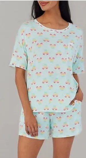 Disney 2 Piece Rainbow Mickey Print Summer Pajama Set in Aqua Mint. EUC. Stretchy and super soft. Short sleeve top with shorts. Oversized fit on top. Top: 21” bust 21.5” long. Pants: 13-17” waist 10.5” rise 4.5” inseam LGBTQIAS+ thumbnail 1
