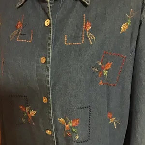 Vintage 90s autumn leaves oversized denim leaves top thumbnail 6