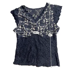 Black Floral Lace V-Neck‎ Cap Sleeve Top Sheer Scalloped Blouse thumbnail 3
