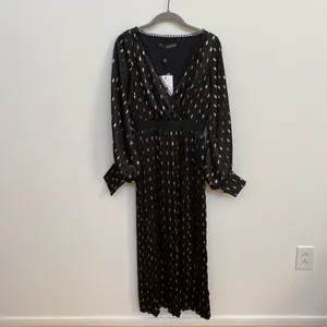 Little‎ Mistress Black & Gold Foil Leaf Pleated Maxi Dress UK 8 US 4 NWT thumbnail 2