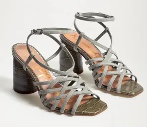 Sam Edelman Daffodil Croc Strappy Heel Sandal in Mineral Green Suede NEW thumbnail 1