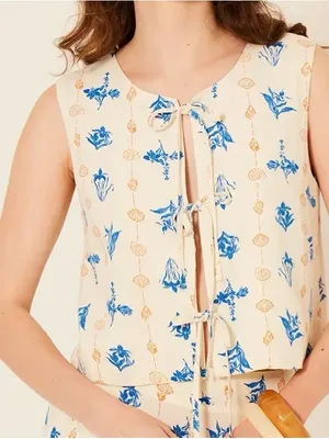 Bila Tie-Front Sleeveless Camisole - Cream & Blue thumbnail 1