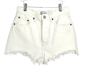 Zara Womens Frayed Hem High Rise Button Fly Denim Shorts‎ White Size 8 thumbnail 1