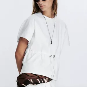 Zara NWT white heavy cotton tee shirt with drawstring waist peplum cinched waist thumbnail 4