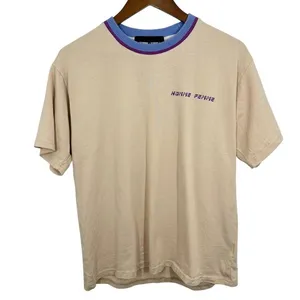 HOMME FEMME Small Beige Logo T-Shirt Ribbed‎ Collar Retro Streetwear Knit Tee thumbnail 9