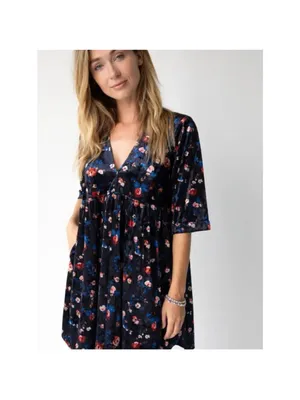 Natural Life Stella V-Neck Mini Black Velvet Vintage Floral Dress Boho Sz M thumbnail 2