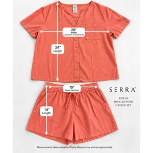 Serra Pajama Set Women’s M Coral 100% Cotton Button Top Shorts Seersucker thumbnail 2