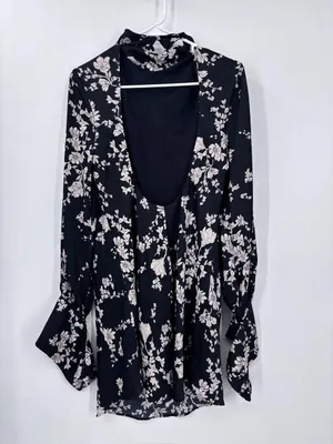 Free People Black Floral Open-Back Long-Sleeve Mini Dress thumbnail 6