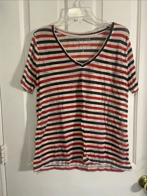 Lucky Brand Red, Navy & White Striped V-Neck Tee thumbnail 1