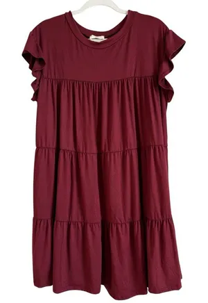 Entro Women’s‎ Tiered Merlot Babydoll Ruffle Short Sleeve Mini Dress Size Small thumbnail 1