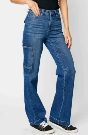 Judy Blue Cargo Wide Leg Jeans Size 7 | 28 High Rise Dark Wash Utility Denim thumbnail 1