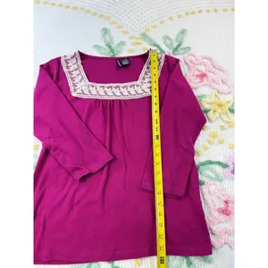 Jason‎ Maxwell Magenta Pink Square Neck Lace Trim 3/4 Sleeve Knit Top Blouse M thumbnail 3