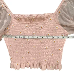 Altar'd State Smocked Top Women M Pink Embroider Daisy Ruffle Coquette Feminine thumbnail 5