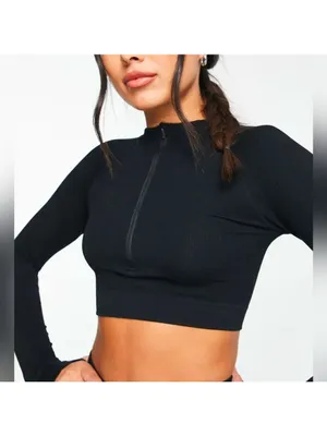 HIIT By Asos seamless rib 1/4 zip Crop top in black Size Large thumbnail 2