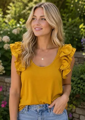 Ulla Johnson‎ Koa Ribbed Knit Top Golden Yellow Ruffle Sleeve Feminine Dainty L thumbnail 1