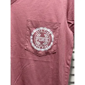 VS PINK Mauve V Neck Short Sleeve Top‎ Size XS Logo Pocket Casual Graphic Back thumbnail 2