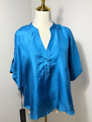 Bebe Women's Turkish Tile Blue Silk V-Neck Blouse with Button Detail, Size M thumbnail 1