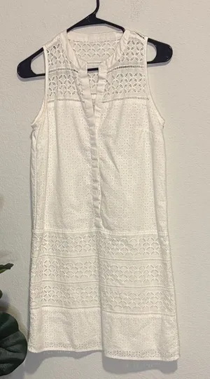LOFT White Eyelet lace Sleeveless Mini Dress 4 with split v neck thumbnail 1