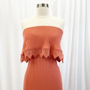 Daytrip Womens XS Strapless Crochet Maxi‎ Dress Rust Orange Gauzy Bohemian Beach thumbnail 4