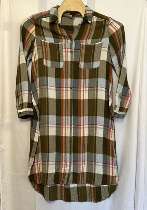 Anthropologie‎ Pilcro Size Medium Plaid Side-Slit Maxi Tunic Duster Button Down thumbnail 1