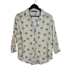 Zara Button Up Shirt Textured Polka Dot Collared Long Sleeve Small Ivory Beige thumbnail 13