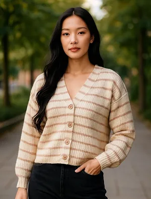 American Eagle Womens cream striped boxy cropped cardigan thumbnail 1