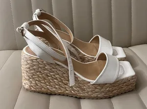 JustFab White Platform Heel Wedges raffia Heels coastal grandma shabby chic thumbnail 1